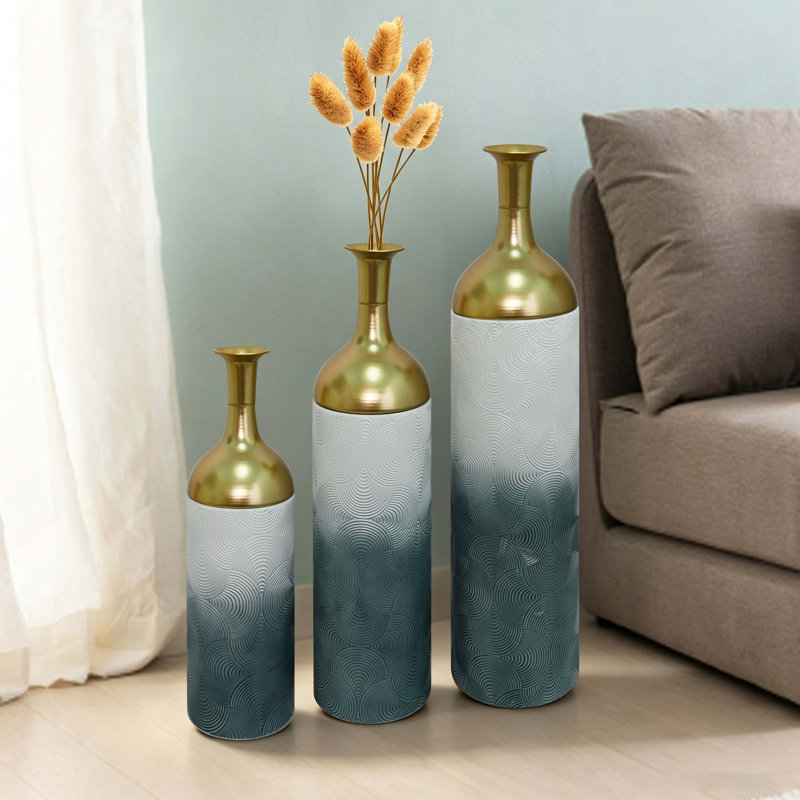 Ensemble de 3 vases élégants en métal, vases de sol à motif de feuilles, grands vases pour la décoration intérieure, décoration de salon et d'entrée