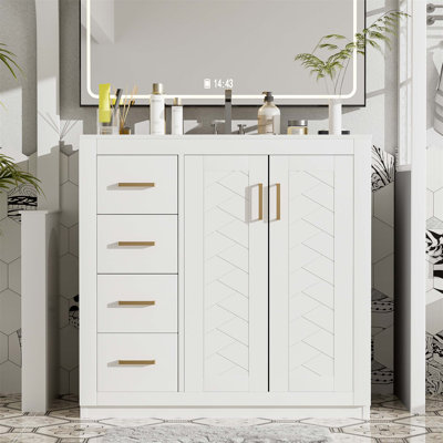 36" Bathroom Vanity with Ceramic Sink Combo, Solid Wood Frame Storage Cabinet, Freestanding Set with 3 Drawers & Soft-Closing Doors