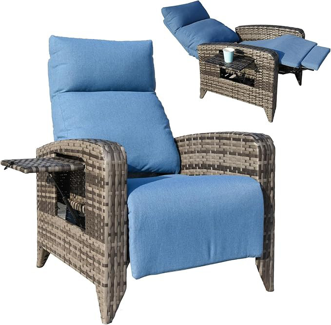 Fauteuil inclinable d'extérieur en osier avec table Dasai, Bleu, Taupe