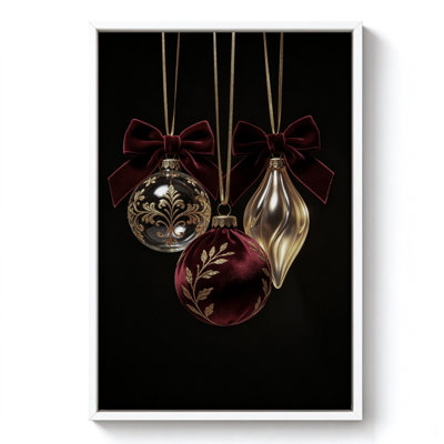 Boules de Noël sur fond noir, art mural sur toile, cadre noir, 16 x 24 po