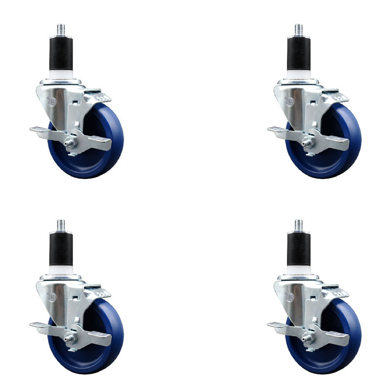4 Inch SS Solid Poly Swivel 1-1/2 Inch Expanding Stem Caster Set with Brake SCC