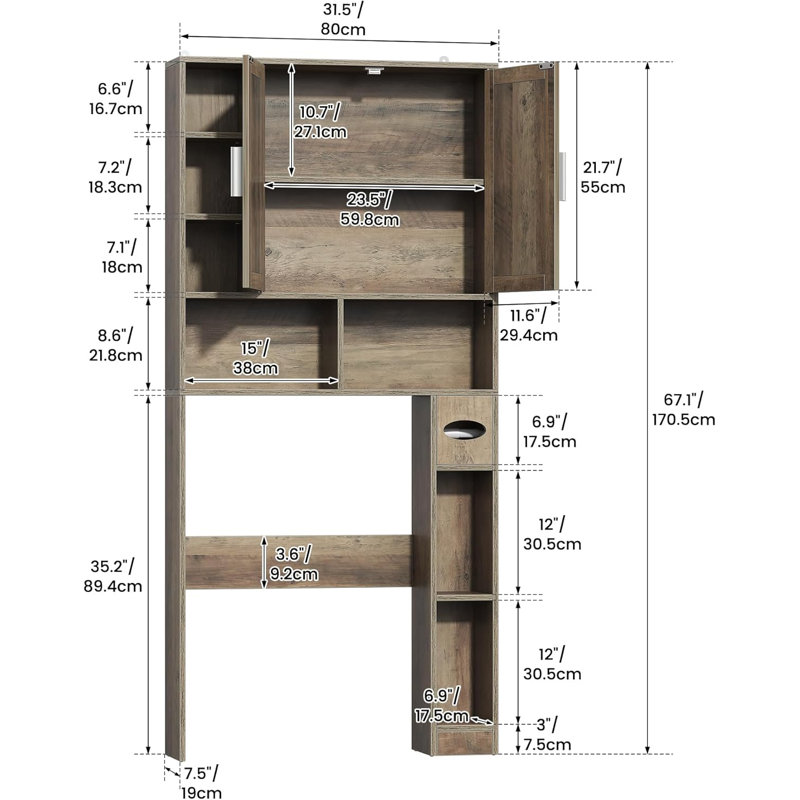 Farmhouse Over Toilet Storage Cabinet with 2 Barn Doors and 10 Storage Shelves, Rustic Gray