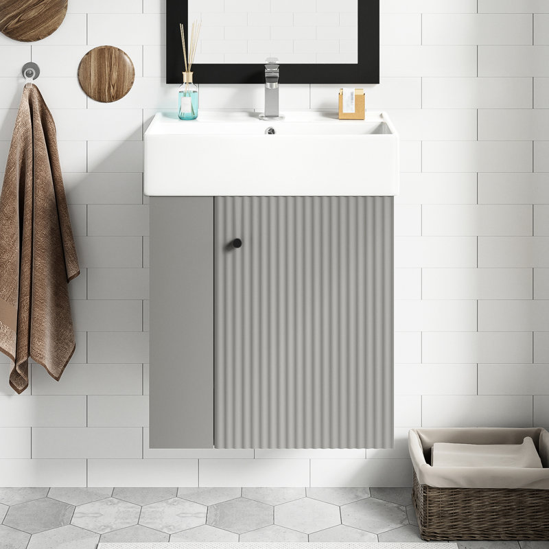 21.6 Inch Gray Floating Bathroom Vanity, Ceramic Sink, Side Storage For Toilet Paper, Wave - Door, Soft Close Function Comfortable Use Modern 21.6" Vanity With Left Storage, Basin, Overflow Hole,