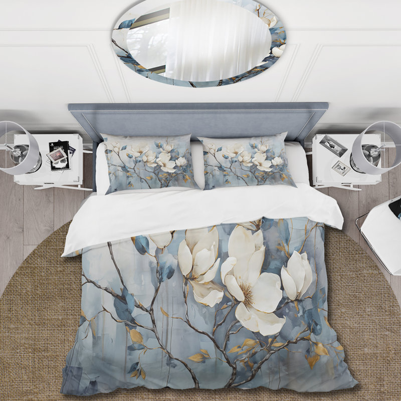 Ensemble de housse de couette Elegant White and Blue Magnolias Tranquility - Magnolias