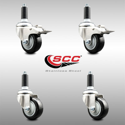 3.5 Inch 316SS Black Polyurethane Swivel 1-1/8 Inch Stem Caster Set 2 Lock Brake