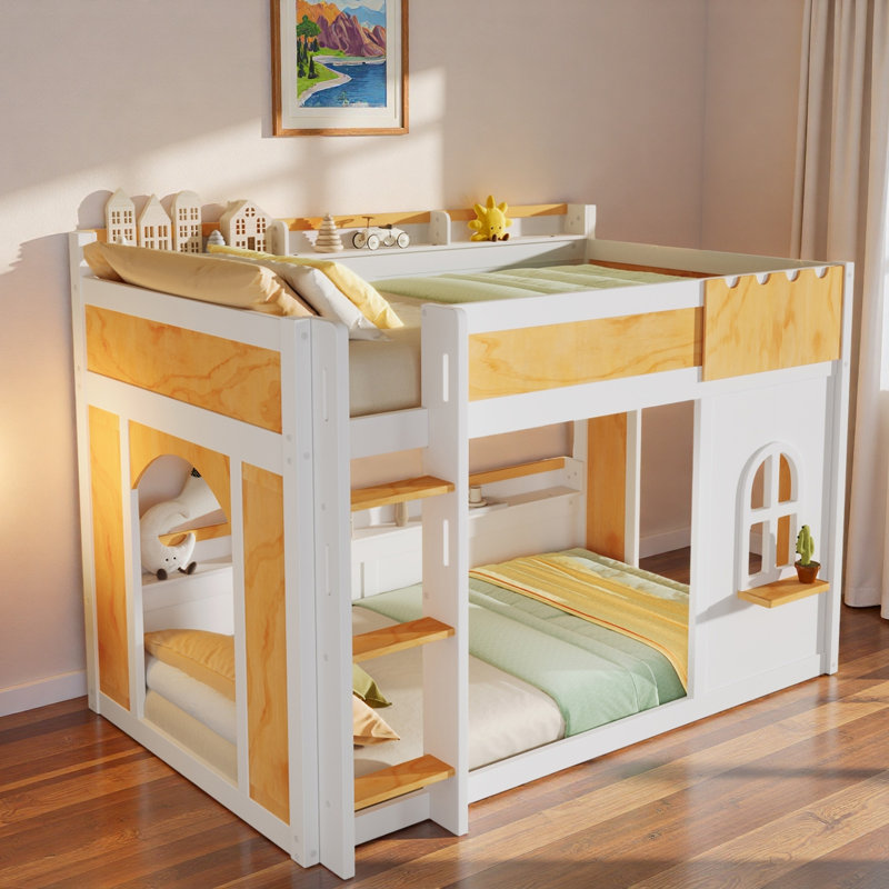 Lit superposé avec tablettes de rangement, fenêtre et 2 portes, Simple sur simple