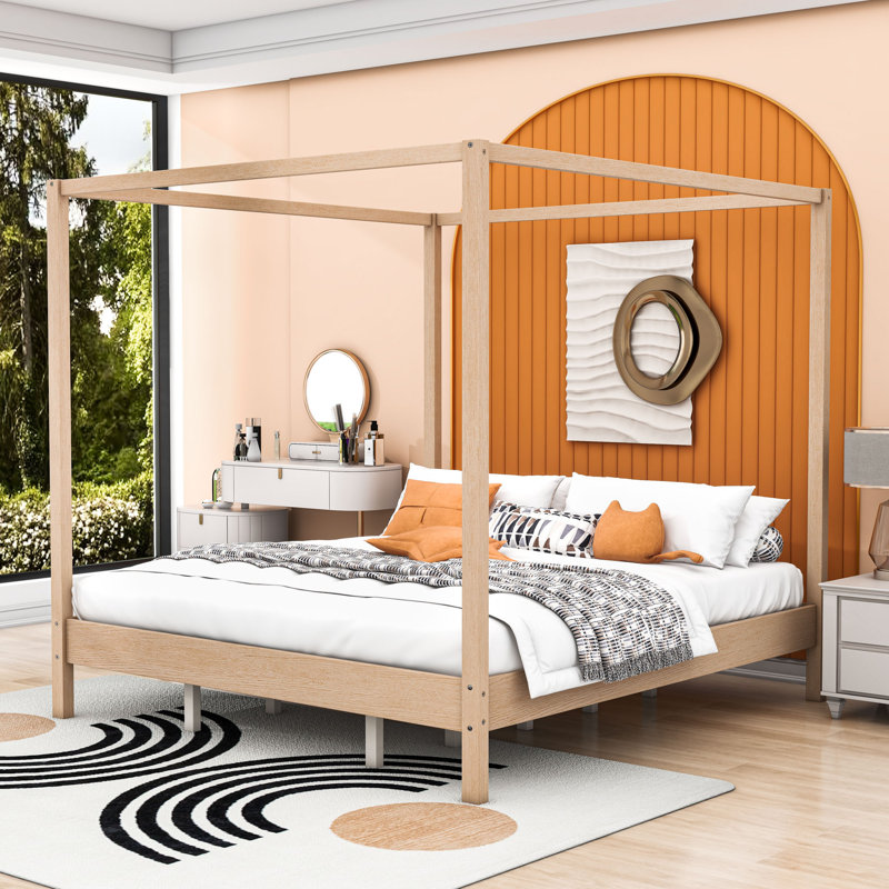 Wooden Frame Canopy Bed with Sturdy Construction, Natural, King
