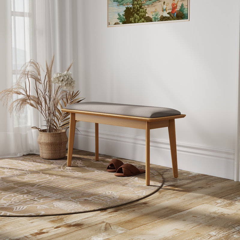 Banc rembourré en bois massif, Beige, H 19 po x l 35 po x P 14 po , Brun