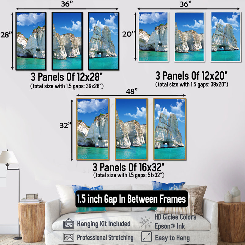 Grec vacances - ensemble d'art mural sur toile encadré paysage de 3, H 32 po x l 48 po x P 1 po, Cadre noir