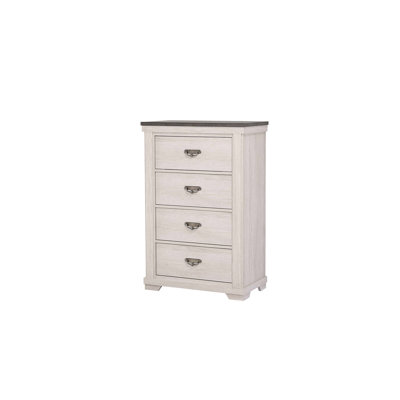 Commode de style rustique pour chambre à coucher, quatre tiroirs, mobilier blanc beige et gris