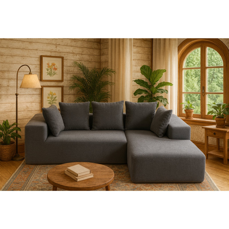 Canapé modulaire en L à compression complète en mousse avec 5 coussins moelleux - pour le salon, Tissu gris / bleu