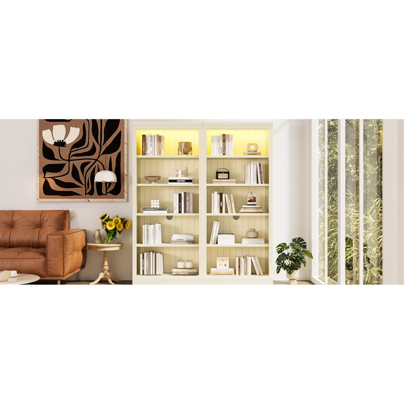 Bibliothèque avec 5 tablettes réglables, DEL pour éclairage et atmosphère, ensemble de bonde, 82,79 po de hauteur, jaune beige, bande décorative rectangulaire moderne, trou de câble, bureau idéal