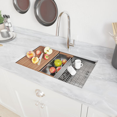 32 X 18 Inch Undermount Workstation Sink, Stainless Steel Single Bowl Kitchen Sink Gauge. T304 Grade Thick Steel, , Rust, Scratch-, High Temperature. With Ledge Design For Extra Space. X Grooves