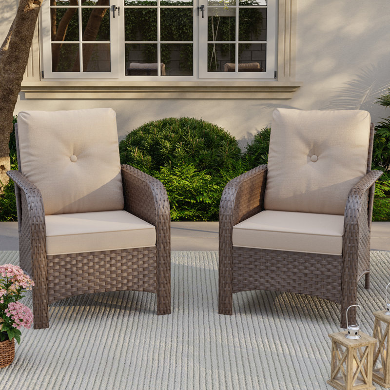 Deux chaises simples d'extérieur en rotin tissé, Kaki