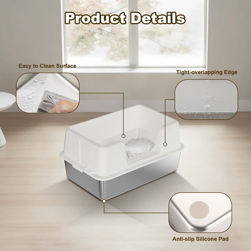 Stainless Steel Litter Box, 36.6cm H x 59.9cm W x 39.9cm D, White