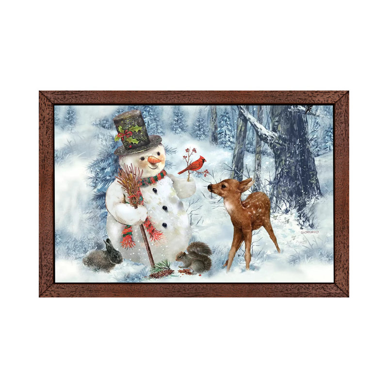 Woodland Snowman - Painting on Canvas, 66.04 cm H x 45.72 cm W, Brown Framed Canvas