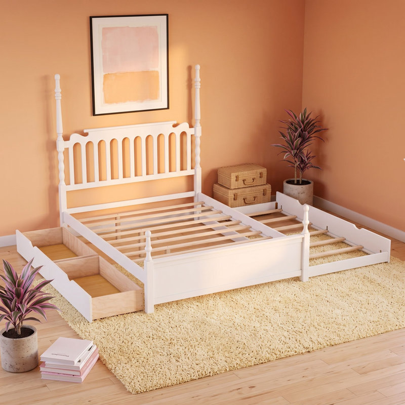 Grand lit plateforme en bois à 2 tiroirs avec lit gigogne simple TG, Blanc