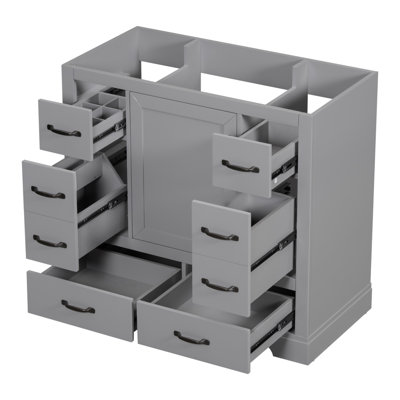 Meuble-lavabo 36 po sans lavabo, base d'armoire seulement, six tiroirs, diviseur de tiroir multifonctionnel, tablette réglable