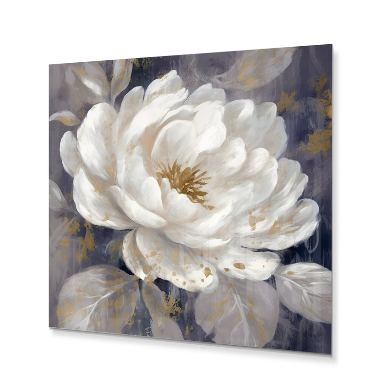 Émotion de pivoine blanche et bleue III sur impression métallique, H 16 po x l 16 po x P 1 po