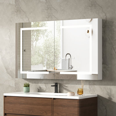 Christhilde Medicine Cabinet with LED Mirror for Bathroom, Defog, Stepless Dimming, 3 Color Change, 2 Outlets, 2USB
