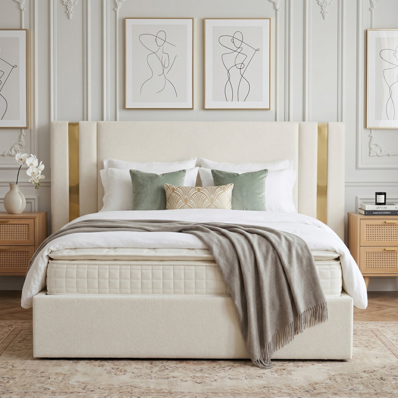 Modern Linen Upholstered Platform Bed with Pneumatic Lift Storage, White, Queen