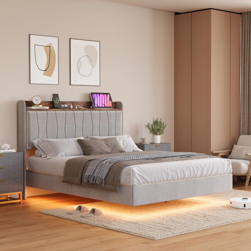 Full/Queen/King Size Floating Bed Frame w/ Lights and Storage Headboard, Full/Queen/King Upholstered Metal Platform Bed with Charging Station