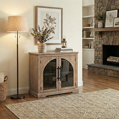 Petite armoire Elena en bois noir avec portes en verre arquées
