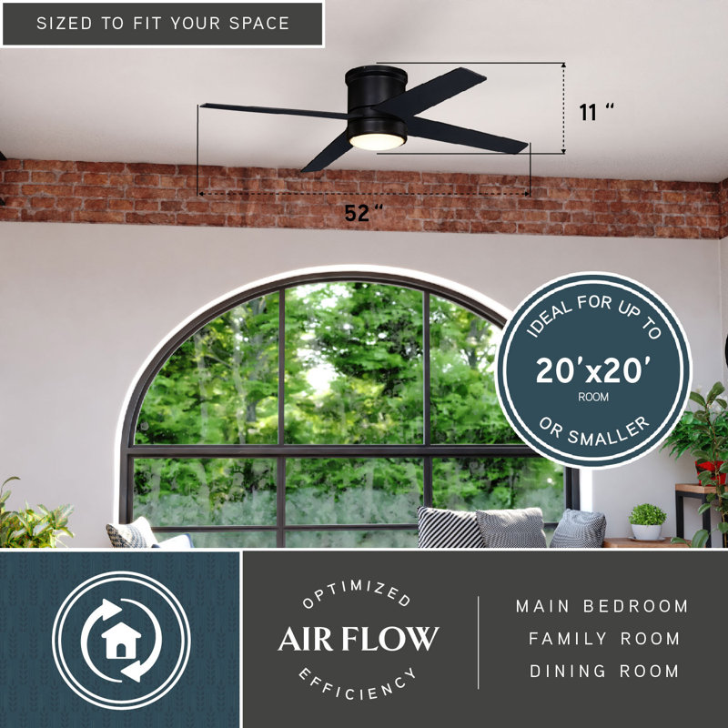 Aniss 52 in. Black Indoor Outdoor Low Profile Flush Mount Transitional Ceiling Fan with Reversible Black-Weathered Gray Blades, Dimmable Integrated LED Light Kit and Remote Control Included, 3 Speeds