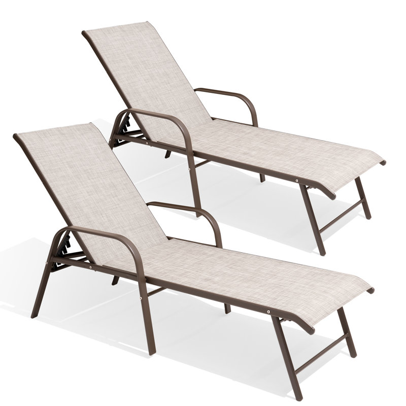 Poultney 60.6'' Aluminum Long Reclining Chaise Lounge Chairs Set, Beige/Brown