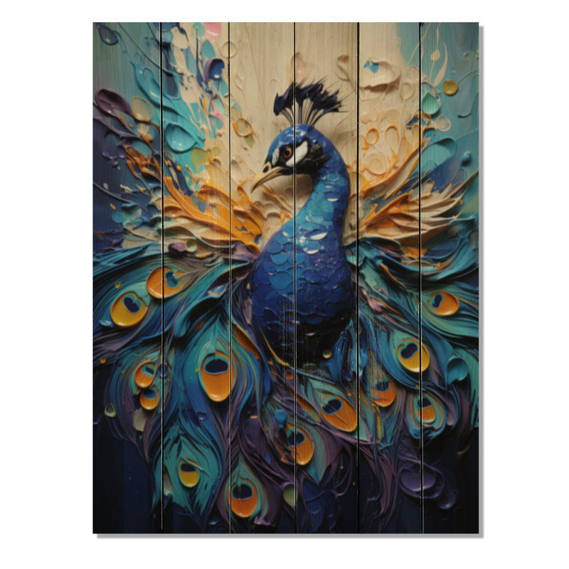 Impression de plumes de paon I sur bois, H 20 po x l 10 po x P 0,78 po