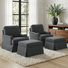 Upholstered Gray Skirted Swivel Accent Arm Chair with Storage Ottoman (Set of 2)