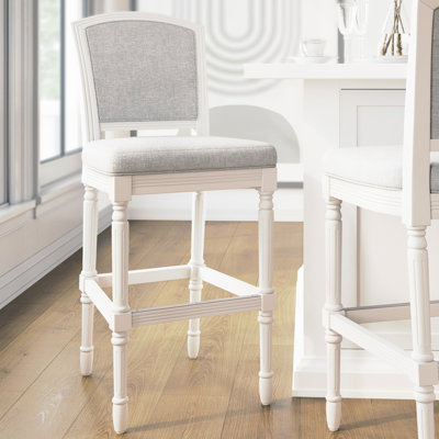 Tabouret de bar de 31 pouces de hauteur blanche avec siège et dossier rembourrés gris, pieds tournés texturés et ornés pour la salle à manger, siège de cuisine, stationnaire