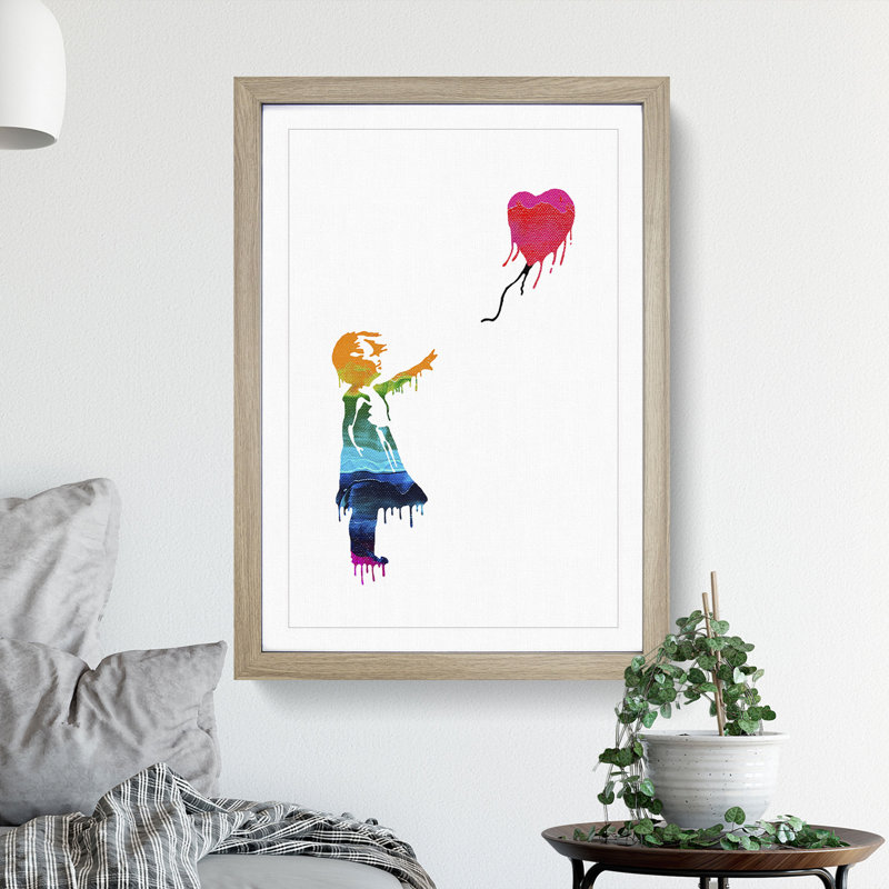 Banksy Balloon Girl - Framed Print, Oak, 65cm H x 48cm W x 2cm D