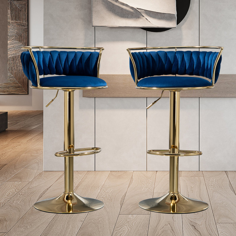 Christal Height Adjustable Swivel Bar Stool, Navy Blue, Gold