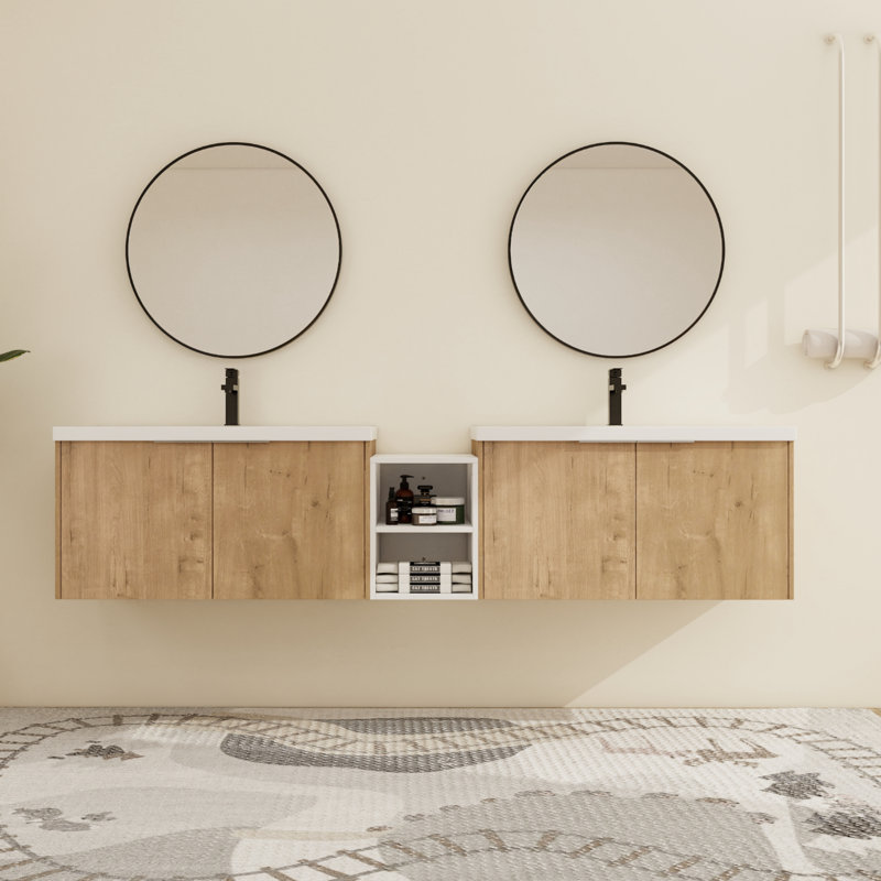 Meuble-lavabo mural double 84 po avec 4 portes et plateau en résine blanche Jenneen, Marron clair, 82"
