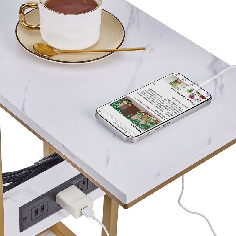 C End Table With USB And Built-In Outlets, Gold/White