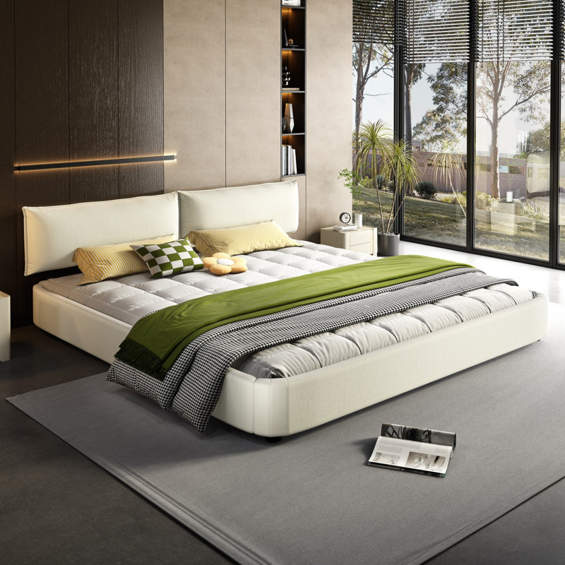 King Size Upholstered Chenille Bed Platform Bed with Wood Frame and Padded Headboard, Beige/White