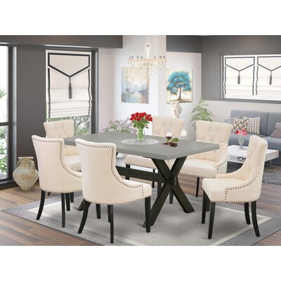 Rysler 7-Pc Dinette Room Set - 6 Kitchen Chairs And 1 Modern Rectangular Cement Kitchen Dining Table Top With Button Tufted Chair Back - Wire Brushed -  Gracie Oaks, 0960467F1892408DB1A57039F92463D3