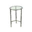 Ensemble de 2 tables de bout, plateau rond en verre, finition argent antique forgé