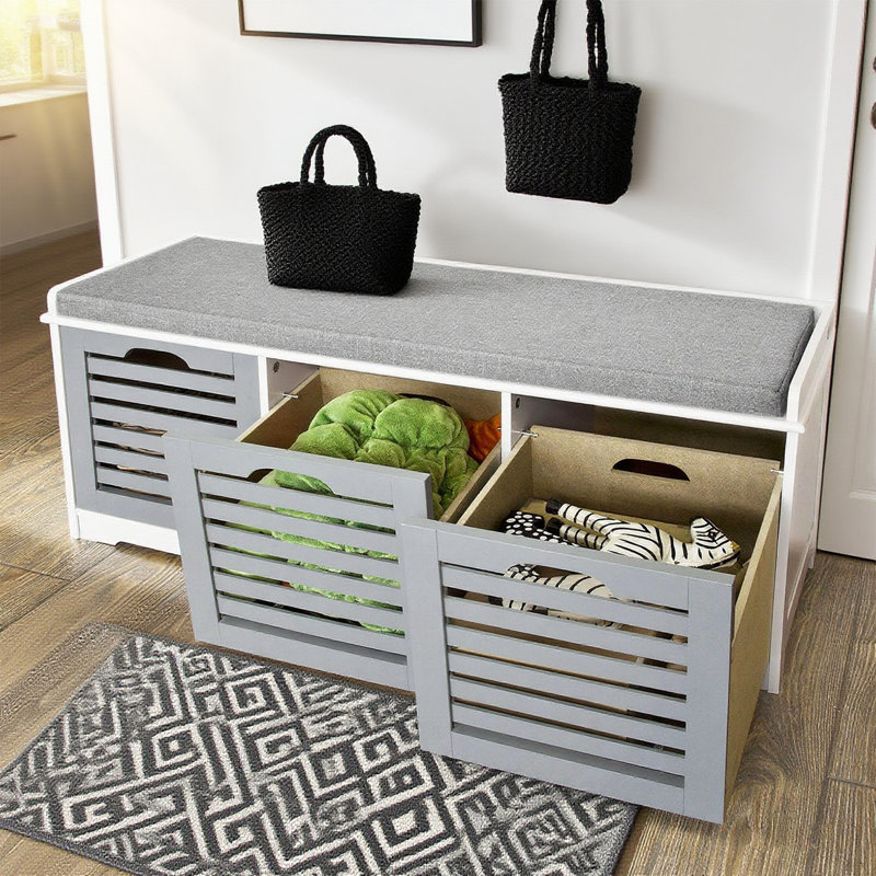 Segars Polyester Upholstered Storage Bench, White/Grey