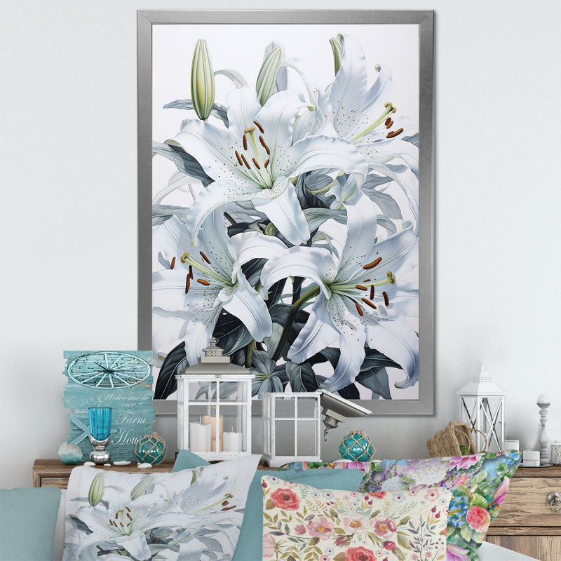 «White Serenade Beauty of Lilies II», reproduction sur toile encadrée, Cadre simple argenté, H 44 po x l 34 po x P 1,5 po