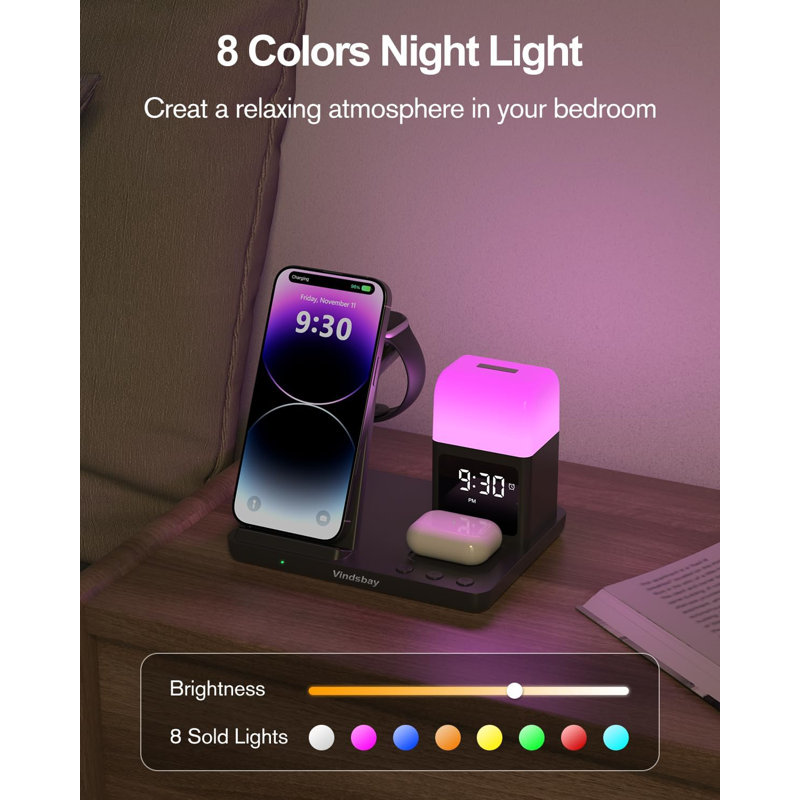 Réveille-matin sans fil avec 8 lumières tactiles: support de chargement 5 en 1 pour appareils Apple