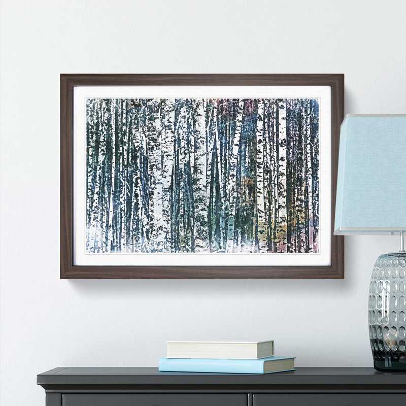 A Birch Tree Forest in Abstract - Picture Frame Painting Print, 36cm H x 48cm W x 2cm D, Walnut Framed