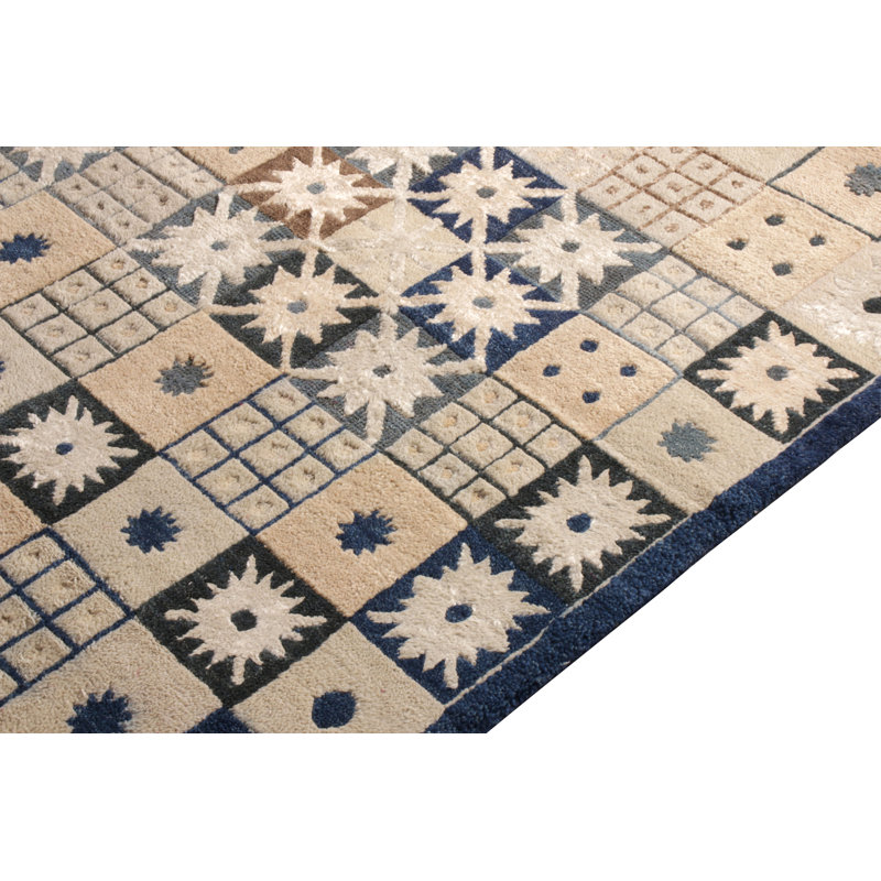 Rug & Kilim’S Scandinavian Style Rug In Beige-Brown, Blue Geometric Pattern, Rectangle 10' x 14'