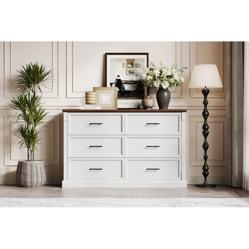 Commode 6 tiroirs blanche pour chambre à coucher, grande commode de ferme avec poignées en métal