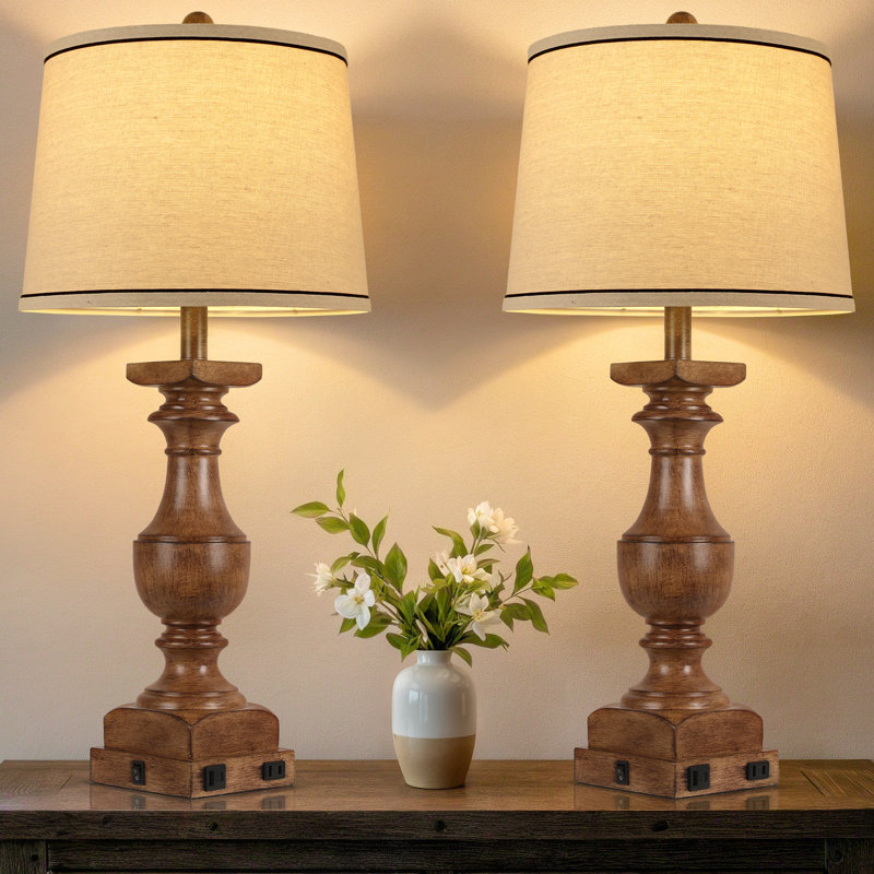 Ensemble de 2 lampes de table en grain de bois 28 po avec port USB A + C pour chambre à coucher, ampoules incluses