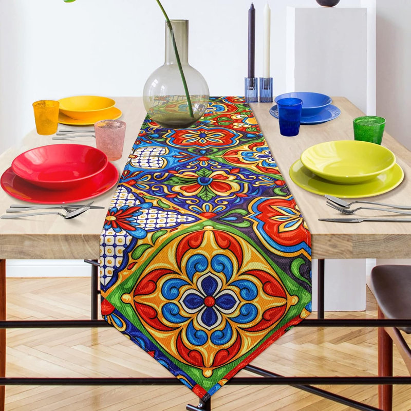 Mexican ceramic tile pattern linen table flag dinner table decoration dressing table scarf