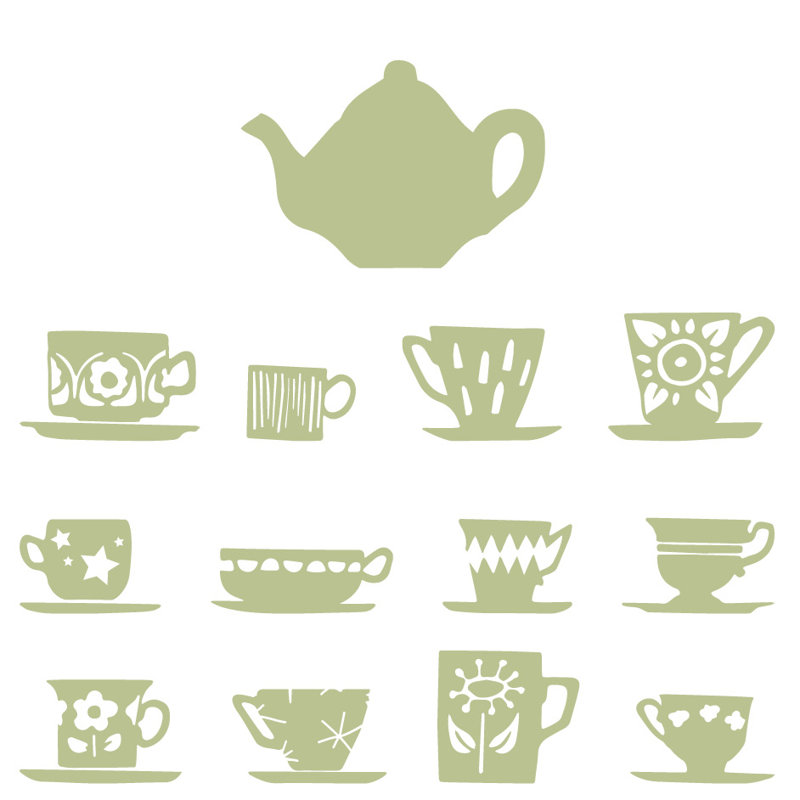 Décalcomanie murale tasses de thé, H 23 po x l 24 po x P 0,01 po, Céladon