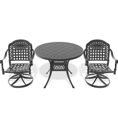 3 Aluminum Dining For Garden, 2 Swivel Chairs & 39.37" Table, Black Frame, , Comfortable Seating Solution Round Table , Cast Aluminum, Black, Weather , Seat Cushions