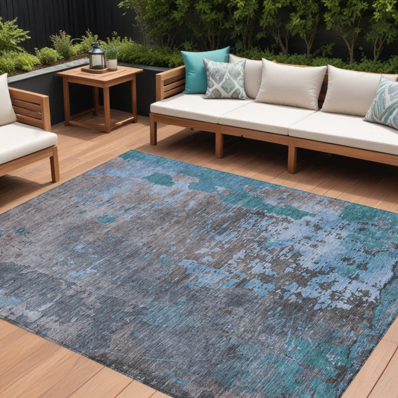 Tapis extérieur lavable abstrait bleu sarcelle 10 pi x 14 pi bleu sarcelle et bleu ciel 10 pi x 14 pi